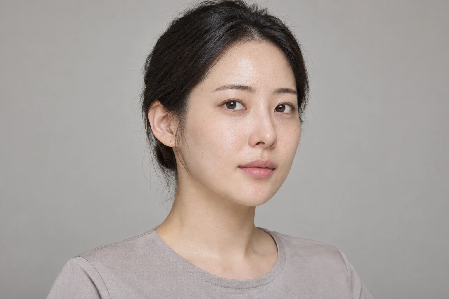 머리와 어깨를 자연스럽게 세우고 힘을 뺀 표정을 한 성인 가상 인물