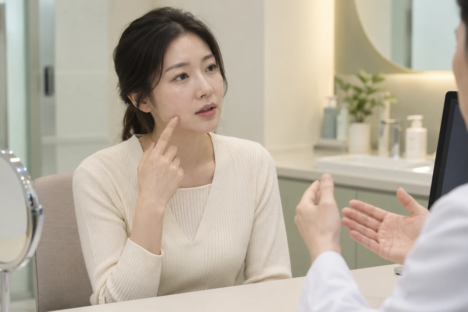 피부 리프팅 상담에서 볼의 관심 부위를 설명하는 성인 여성